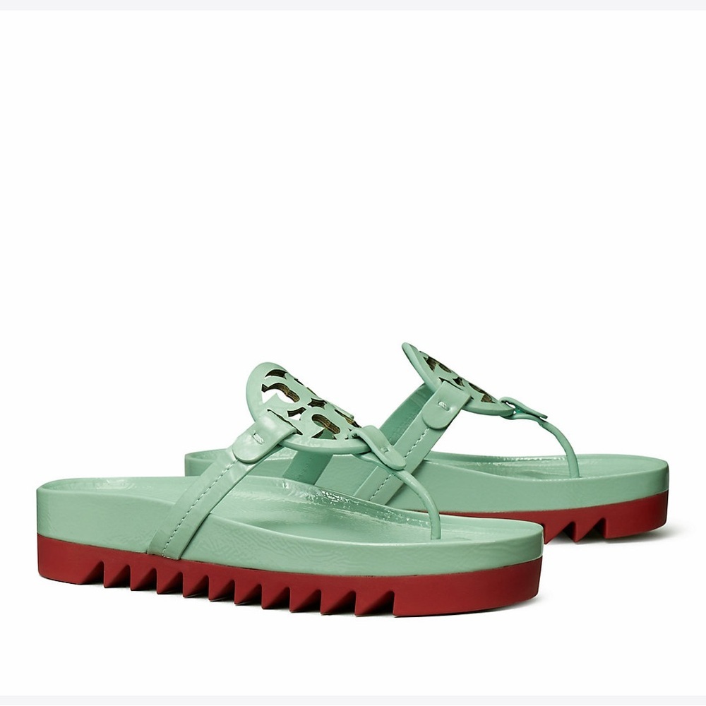 Tory Burch teal Miller cloud lug leather thong sandal sea wind/red size 8.5 - Picture 2 of 7